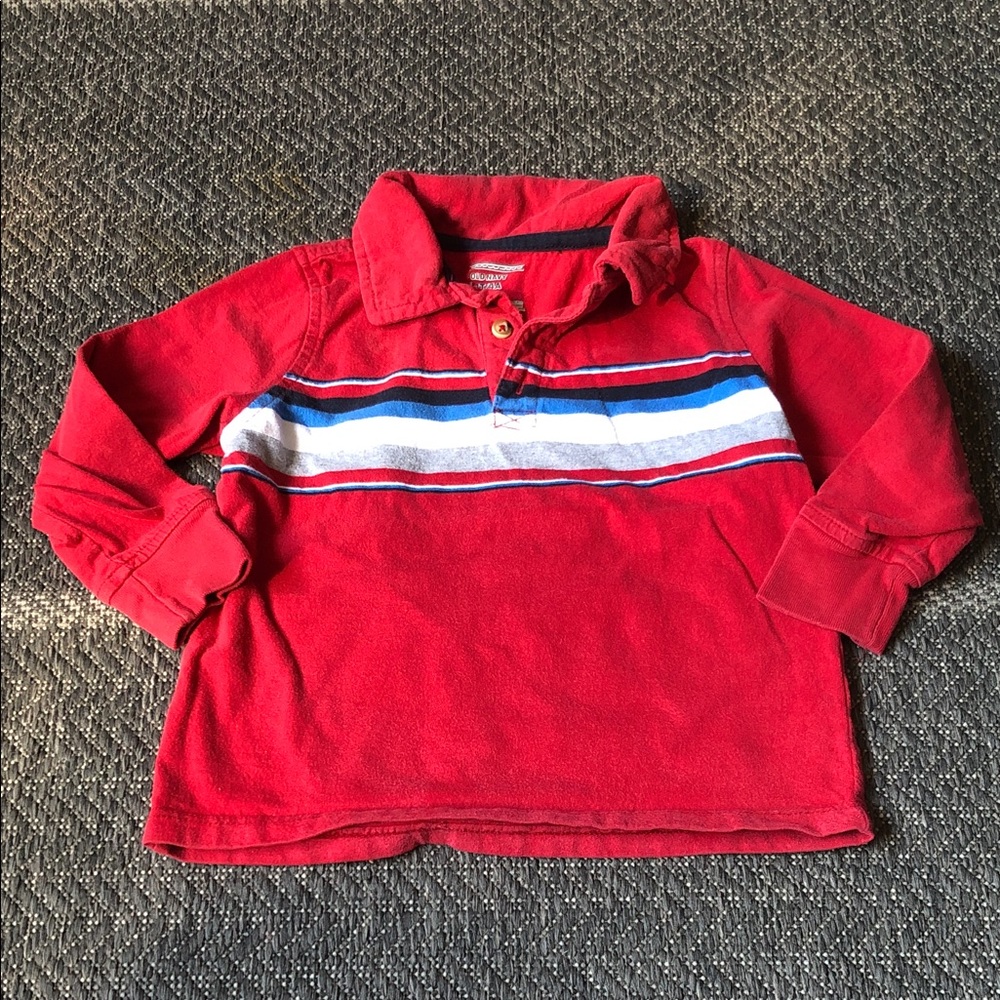 Old Navy Red Long-Sleeve Polo with Blue and White Stripes